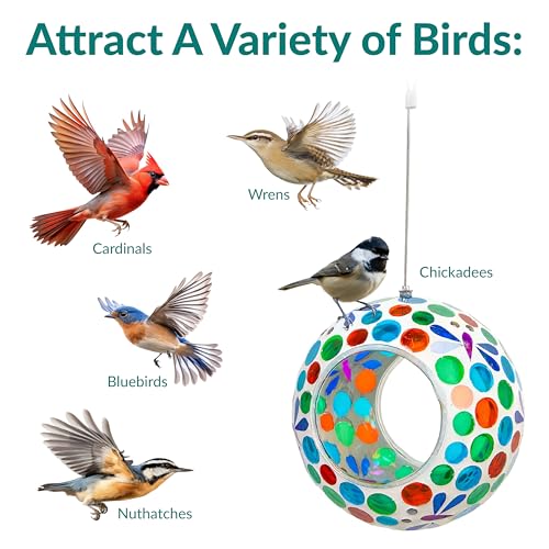 Sunnydaze Mosaic Glass Bird Feeder, Fly-Through, Dragonfly Dreams | 6" Small Unique Hanging Bird Feeder for Outdoors, Drainage Hole, Weather-Resistant, Birdfeeder for Cardinals, Jays, & Finches - color: Dragonfly Dreams
