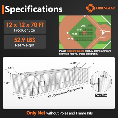 ORIENGEAR Baseball Batting Cage Nets, ONLY NET, 70'L/55'L/35'L/20'L Baseball and Softball Cage Netting, 1.88" #45 Mesh, Professional Fully Enclosed PE Hitting Cage Net with Door, Without Poles - size: 12*12*70