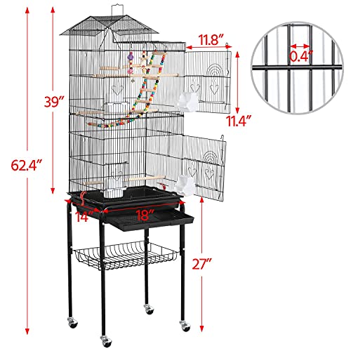 Yaheetech Bird Cage 64'' Medium Small Parrot Parakeet Bird Cages with Detachable Rolling Stand for Parrot Lovebirds Finches Parakeets Budgie Parrotlet Conures, Pet Flight Birdcage - color: Black