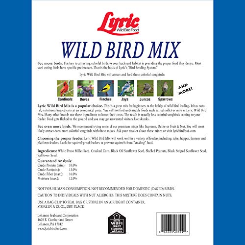 Lyric Wild Bird Mix - Includes Corn, Nuts, and Wild Bird Seed for Outside Feeders, Attracts Doves, Jays and Many More, 40 lb Bag | Includes corn, white millet, sunflower and safflower seeds and peanuts - Attracts Doves, Jays and many more