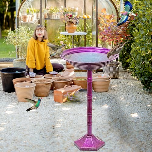Metal Bird Bath for Outdoors, 28.4" Freestanding Garden Metal Birdbaths with Stable Upgrades Stake, Easy to Clean Birdfeeder for Outside Garden Yard Lawn Decor(Gradient Purple) - color: Gradient Purple