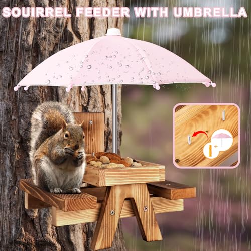Gnodary Squirrel Feeder with Umbrella, Squirrel Feeders for Outside, Squirrel Picnic Table Feeder - Chipmunk Feeder Hold Corn, Corn Cob, Peanuts (Light Pink) - color: Light-Pink