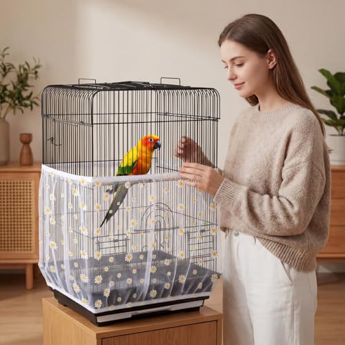 Trinkrittey Bird Cage Seed Catcher, Universal Bird Cage Seed Catcher Guard Adjustable Parrot Nylon Mesh Net Cover for Round Square Cages Parrot Parakeet African Macaw(Daisy-White, 15.7" x87")