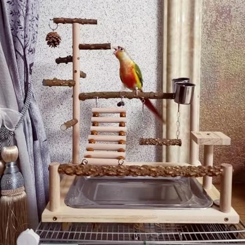 Bird Playground with Feeder Cups, Wooden Parrot Play Stand for Cockatiel, Parakeet