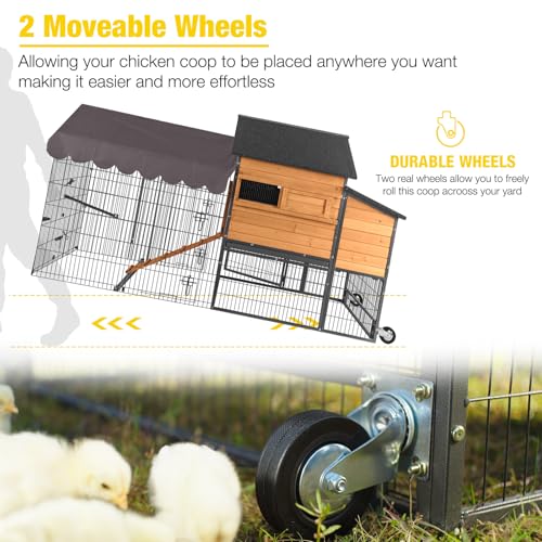 AIVITUVIN Chicken Coop Mobile for 6-8 Chicken Large Chicken House with Metal Frame Chicken Tractor with Wheels Wood Hen House Poultry Cage - size: 85.6"L x 40.6"W x 48.2"H