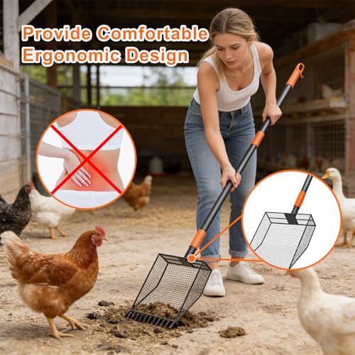 2-in-1 Chicken Poop Scooper & Rake, Heavy Duty Metal Long Handle Poultry Coop Cleaning Tool, Rustproof Manure Shovel with Serrated Edge for Backyard Chicken Ducks