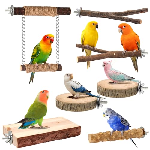 7-Piece Bird Perches for Cage- Wooden Parrot Stand with Fork Toys, Hanging Multi-Branch Platform, Hammock Swing, Gym Playstand & Chewing Toys - for Parakeets, Budgies, Lovebirds - Durable