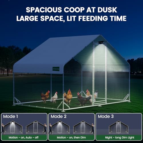 CHIKENCOOP 9.8x6.5x6.5ft Metal Chicken Coop, Hardware Cloth, Solar Light | One-room walk-in chicken run with galvanized hardware cloth, full-top waterproof UV-resistant cover, and 3-mode solar light - size: 118.0"L x 80.0"W x 80.0"H