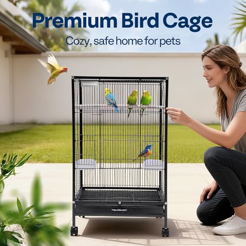 VIVOHOME Wrought Iron Bird Cage with Rolling Stand, 30 Inch Height | Standing Bird Flight Cage with Casters, Slide-out Tray for Parakeets Cockatiels Lovebirds Canaries Finches Conures, Black - color: Black