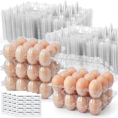HAKSEN 60 PCS 12 Count Plastic Egg Cartons with Date Labels, Clear | Reusable Egg Containers Holds for Fresh, Medium Eggs Storage, Suitable for Farms, Family, Markets Display