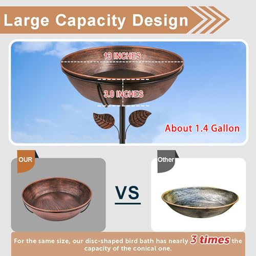 3" Deep Metal Bird Bath for Outdoors, Removable 13" Dia Bowl with Stable Upgrades Stake, Easy to Clean Birdbaths for Garden Yard Lawn Decor 1.4 Gallon (Pack of 2) - size: 13 "diameter, 3" depth (Pack of 2)