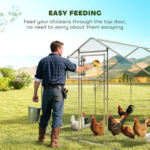 PawHut Large Metal Chicken Coop, Walk in Chicken Run with Waterproof & Anti-UV Cover, Feeding Door, Hanging Feeder, Perch, Outdoor Duck Cage Rabbit Hutch Pen, for 18-24 Poultries, 9.8' x 19.7' x 6.4' | Walk in Chicken Run, Waterproof & Anti-UV Cover, Hang