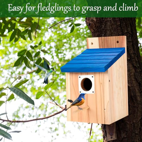 4-Pack Blue Wooden Bird Houses for Outdoors with Predator Guard, Bluebird Houses for Outside – Ideal for Bluebirds & Other Backyard Birds, Blue