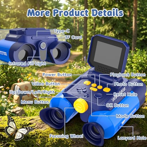 Kids Binoculars with Night Vision Camera, 10X Zoom Digital Adventures Telescope with 2.4" IPS Screen, Nature Explorer STEM Toys for Bird Watching Camping, Gifts for Boys Girls Age 4-12 - Azure - color: Azure