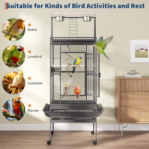 67-Inch Playtop Wrought Iron Large Parrot Bird Cages with Rolling Stand for Cockatiels Parrot Quaker Conure Parakeet Lovebird Canary Small Medium Parrot Cage Birdcage, Black | Wrought Iron Cage with Wheels, Rolling Parakeet Cage with Removable Tray for Co