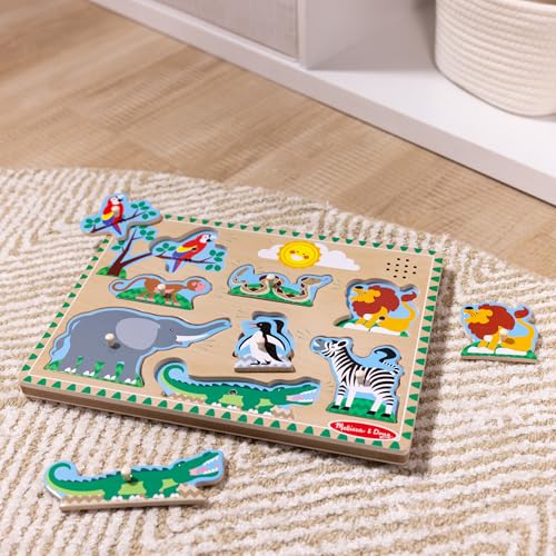 Melissa & Doug Zoo Animals Sound Puzzle – 8-Piece Wooden Peg Puzzle with Light-Activated Sounds, Music Learning Toy for Toddlers and Preschoolers Ages 2+ - size: 11.8 x 8.8 x 1.25, style: Zoo Animals