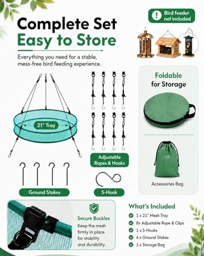 Bird Seed Catcher Tray for Outdoor Hanging Feeders, 21" Upgraded Anti-Flip Feeder Tray with 4" Deep Windproof Platform, Stable Design to Catch Dropped Seeds, Fits Most Bird Feeders(Green) - size: 21 Inch - 1 Pack