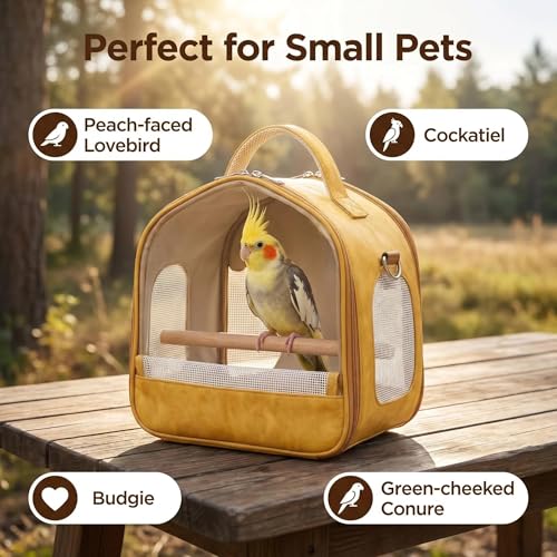 Breathable Parrot Travel Carrier, Dual Carry Bird Cage with Perch and Tray for Small Parrots (Bird Travel Carrier/Removable Tray/Wooden Perch)