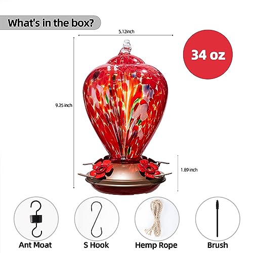 2 Packs Hummingbird Feeder for Outdoors Hanging, 34OZ & 32OZ Hand Blown Glass Hummingbird Feeders for Outside, Red & Teal | LaElvish Garden 2 Packs Hummingbird Feeder for Outdoors Hanging, - color: Red & Teal