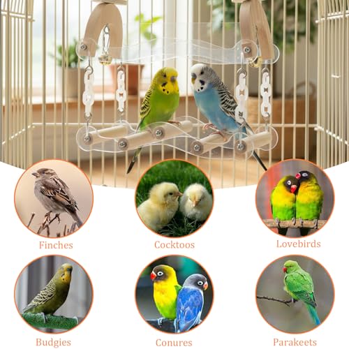 Bird Swing for Cage, Wooden Parakeet Swing Perch Toy with Clear Acrylic Wavy Bridge, Bell and Hanging Chains, Bird Cage Accessories for Budgies, Cockatiels, Lovebirds and Conures