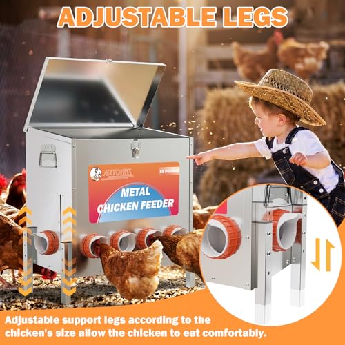 85 Pounds Automatic Chicken Feeder 6 Ports Large Gravity Fed Chicken Feeder with Adjustable Legs Perspective Window Latch & Handle for Chickens Bantams Pheasants - size: 6 Ports - 85-120 LBS