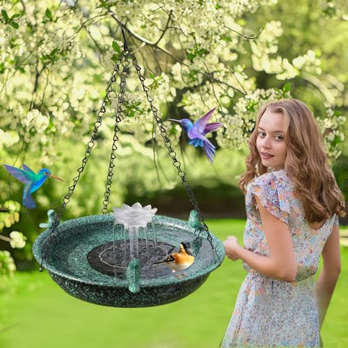 Yiabivo Hanging Bird Bath with Solar Fountain,Metal Hanging Bird Bath for Outside,Outdoor Bird Bath Bowl, for Outdoors Garden Patio Decor