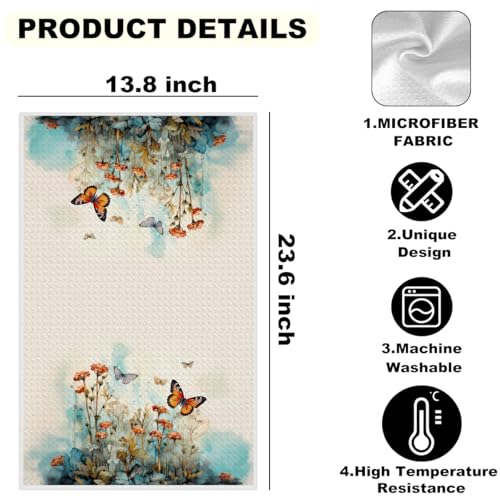 2 Pcs Flower Butterfly Kitchen Towels Decorative Hand Towels 02 | Waffle Soft Tea Towel for Home, Bathroom, Absorbent Microfiber Dish Cloth, Butterfly Gifts, Housewarming Gifts - color: Multi 1257