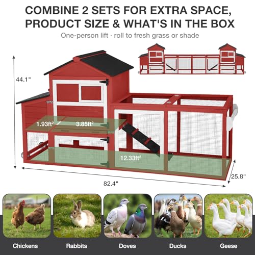 Large Chicken Coop with Wheels, Outdoor Wooden Hen House with Run & Nesting Box, for 3-5 Chickens, Waterproof Asphalt Roof, Leakproof Tray, Expandable Poultry Cage-Red - color: Red (AIR72-R)
