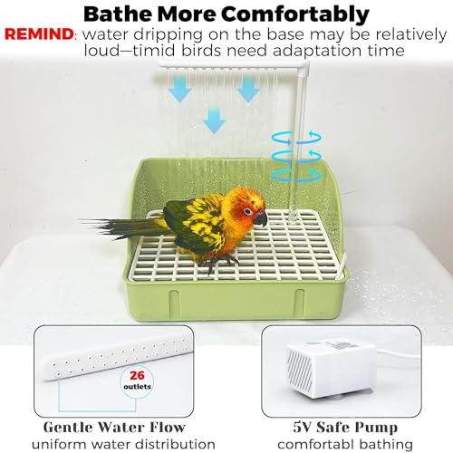 Automatic Parakeet Bird Bath with Pump, Large Bird Shower Fountain | Indoor Bathtub with Running Water, Parrot Bath Tub Faucet for Pet Birds, Cockatiel, African Grey, Budgie, Conure, Lovebird - color: Green