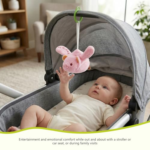 Baby Hanging Flying Bird Musical Toys for Stroller Car Seat Crib Play Gym | Ages 0-36 Months, Tummy Time, Sensory Music Toys, Plush with Clamp, Boys and Girls, Flapping Wings Bee/Birds Toy - color: Pink Pig