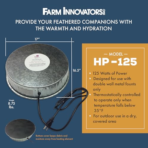 Farm Innovators 125 Watt Heated Base for Double Wall Metal Poultry Founts with 35 Degrees Fahrenheit Temperature and Below, Metallic | For outdoor use with double wall metal founts, prevents water from freezing in temperatures as low as 10° F (-12° C)