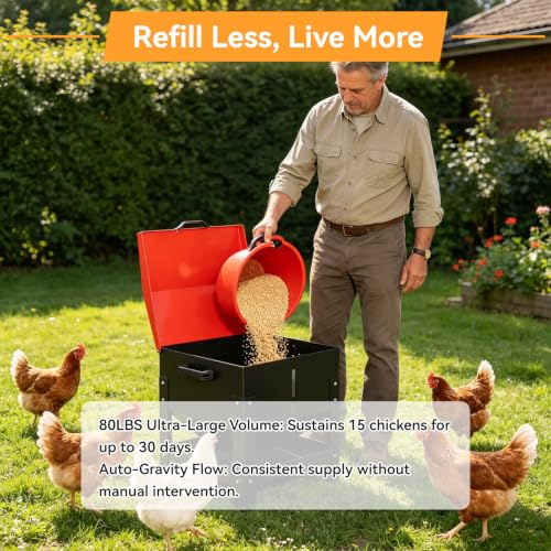Metal Chicken Feeder 80 LBS Large Capacity, Automatic Poultry Feeder for Dry Feed with Weatherproof Lid and Handle, Heavy-Duty Metal Gravity Feed Dispenser for Outdoor Coop, Chickens, Ducks