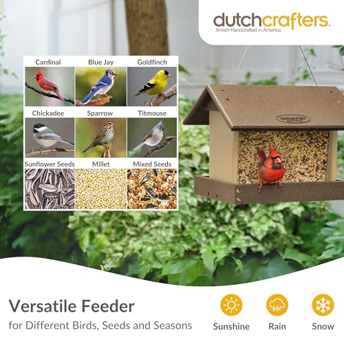 DutchCrafters Poly Hanging Hopper Bird Feeder, Large Hanging Bird Feeder for Outside, Outdoors - Amish American Made (Tudor Brown & Weatherwood) - color: Tudor Brown & Weatherwood, style: Hanging