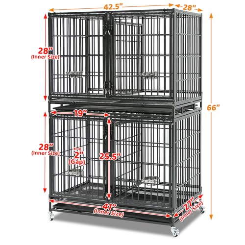 Homey Pet Taller 43" Two Tiers Dog Crate Cage Kennel with Divider, 2 Pack | Commercial Modular Dog Kennel with Dual Front Doors, Divider, Auto Locks, Removable Tray, Bowls for Small and Medium Dogs - size: 43"L - 2 Tiers - 2 Pack