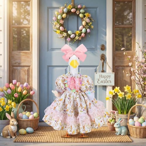 Abbylike 1 Set Easter Bunny Porch Goose Outfit Rabbit Yard Goose Costume Clothes with Bow Headband Fits Large 23'' H Cement for Easter Day Outdoor Patio Garden Lawn Pathway Spring Statue Decor - style: Cute