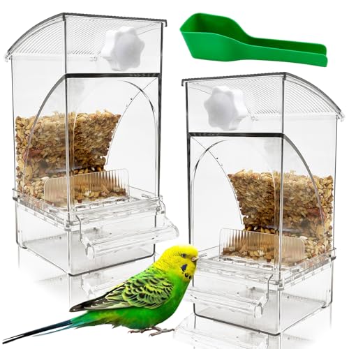 Hamiledyi 2Pcs No Mess Bird Feeder Automatic Bird Cage Feeder Transparent Acrylic Parrot Seed Food Container with Perch for Parakeet Finch Lovebirds Budgies Canary - color: Transparent Feeder - 2 PCS