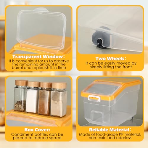 4 Pcs Rice Storage Container 28 lb Airtight Flour Container with Wheels Measuring Cup Clear Pet Dog Birds Cat Food Bin Grain Cereal Organizer Box for Dry Baking Supplies(Yellow Lid) - color: Yellow Lid, size: 28 lb