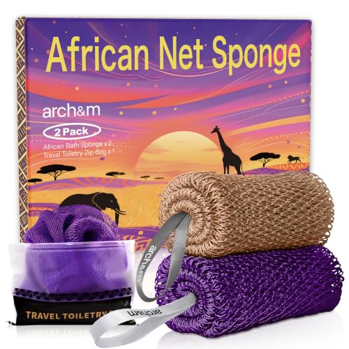 ARCH&M African Net Sponge Authentic with Knots, 2 Pack 53" Long | Exfoliating Back Scrubber, Quick-Dry Shower Mesh Loofah, Daily Use For Body & Face, Gentle for All Skin Types - color: Purple + Champagne