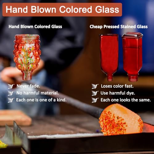 LUJII Solar Hummingbird Feeder for Outdoor Hanging, RGB Illuminated Hand-Blown Glass Lantern, 35 fl.oz, Leak-Free & Rust-Resistant, Metal Cap with 5 Feeding Ports, Pineapple Design, Red - color: Red