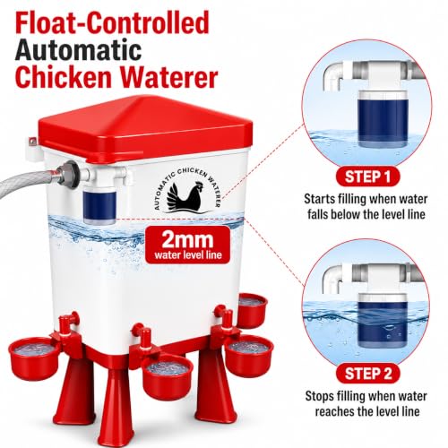 3 Gallon Chicken Waterer with 10 Chicken Water Cups, No Spill Poultry Waterer Bucket with Stand Legs, Hooks and Screws, Chicken Water Feeder for Coop, Ducks, Hens, Farm (Red, Auto-1pcs) - color: Red, size: Auto-1pcs