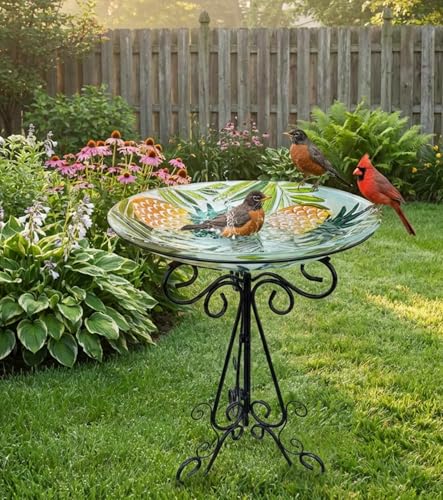 Large Glass Bird Bath with Metal Stand, Pineapple | 18" Wide Bowl, 3.2" Bathing Depth, Thick Glass Construction, Stable 3-Leg Base, Easy Clean Surface, Garden Decor