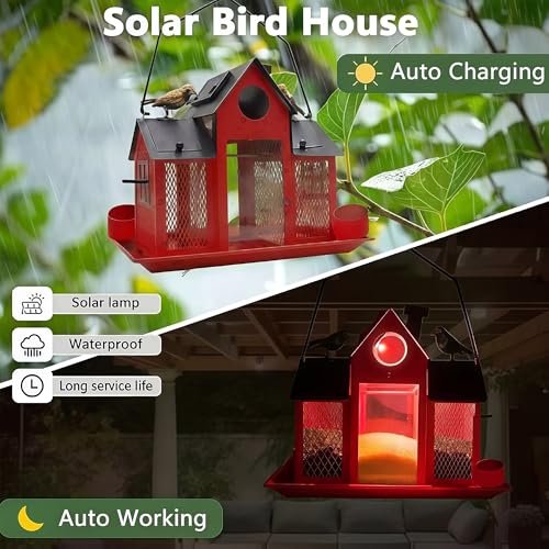 Solar Bird Feeders House for Outside Hanging, Metal Wild Bird Feeder for Outdoors Large Capacity Cardinal Birdfeeder Birdhouses Metal Bird Feeding Station Red - color: red