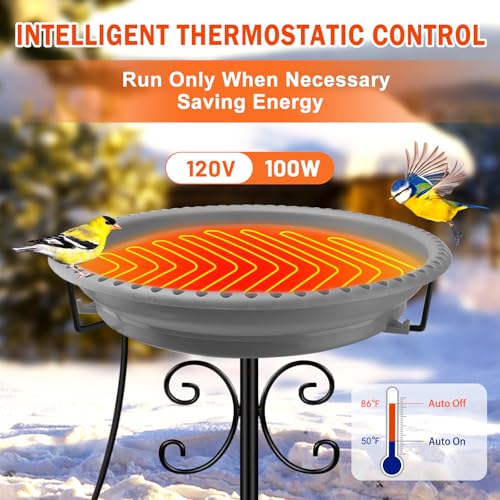 Daoeny Heated Bird Bath for Winter, 100W Heated Bird Baths for Outdoors Thermostat Control with 5-Prong Metal Base, Heated Bird Bath for Outside Winter Garden Patio Yard Lawn (Grey) - color: Gray