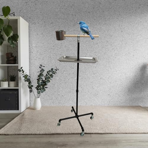 Stainless Steel Tray Bowls Bird Perch Stand,with Wheels Parrot Stand,Parrot Perch Stand 2 Stainless Steel Cups,Bird Play Stand for Indoor Outdoor(Black