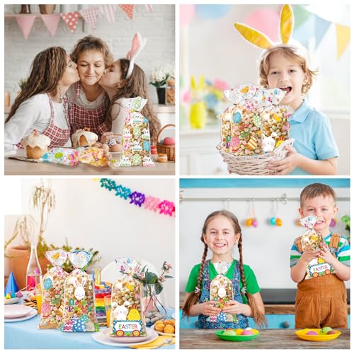 GOMANCHE Easter Cellophane Candy Bags, 100 Pieces Easter Treat Bags with Gold Twist Ties, Easter Cello Goodie Cooikes Gift Bags for Easter Party Favor Supplies