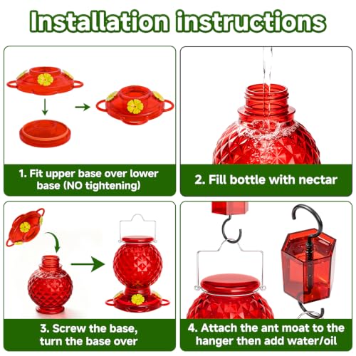 Hummingbird Feeder Glass 20 OZ 2-Pack Round Ant&Bee Proof Feeders | Red Glass Hummingbird Feeders for Outdoors Hanging with 4 Feeding Ports, Rustproof Leakproof Base, Garden Yard Décor Gifts