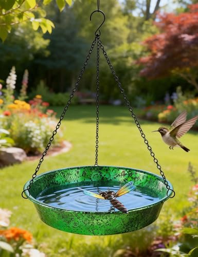 Hanging Bird Bath for Outside, 11.5” Metallic Green & Blue Metal Birdbath Bowl & Feeder with Black Chain Outdoor Garden Yard Decor - color: Metallic Green & Blue