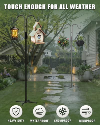 2 Pack 76 Inch Double Shepherds Hooks for Outdoor, Heavy Duty, 5 Prong Base | Shepherd hook set for bird feeders, Flower baskets, Lanterns, Nesting stations, Garden decor, Sturdy pole, Weather-resistant - size: 76IN 2PACK