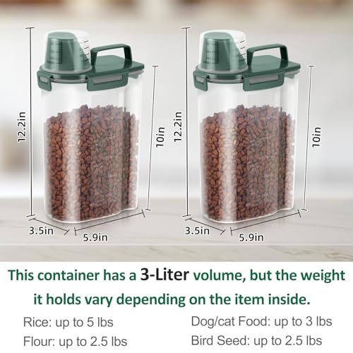2 Pack 3 Lbs Pet Dog Cat Food Storage Containers for Travel - Pine Green | Airtight Bird Seed Storage Container, 5 Lbs Rice Dispenser Flour Holder for Cereal Oatmeal Pour Spout Measuring Cup Handle - color: Pine Green-3L 2Pack