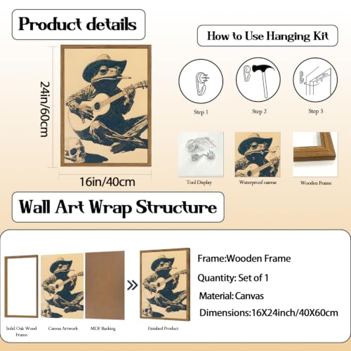 Funny Cowboy Frog Wall Art, Western Musical Frog Wall Decor Painting Whimsical Animal Poster Canvas Vintage Southwestern Prints Picture for Living Room Bedroom Bathroom 16x24 inch Wood Framed - color: Animal-Z-1, size: 24"L x 16"W